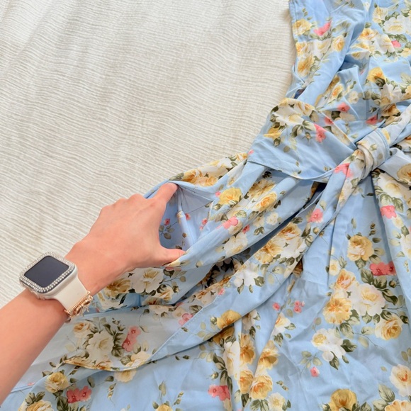 #076 | Floral Wrap Waist Midi Dress | Light Blue | S | Ribbon Pockets - Picture 4 of 8